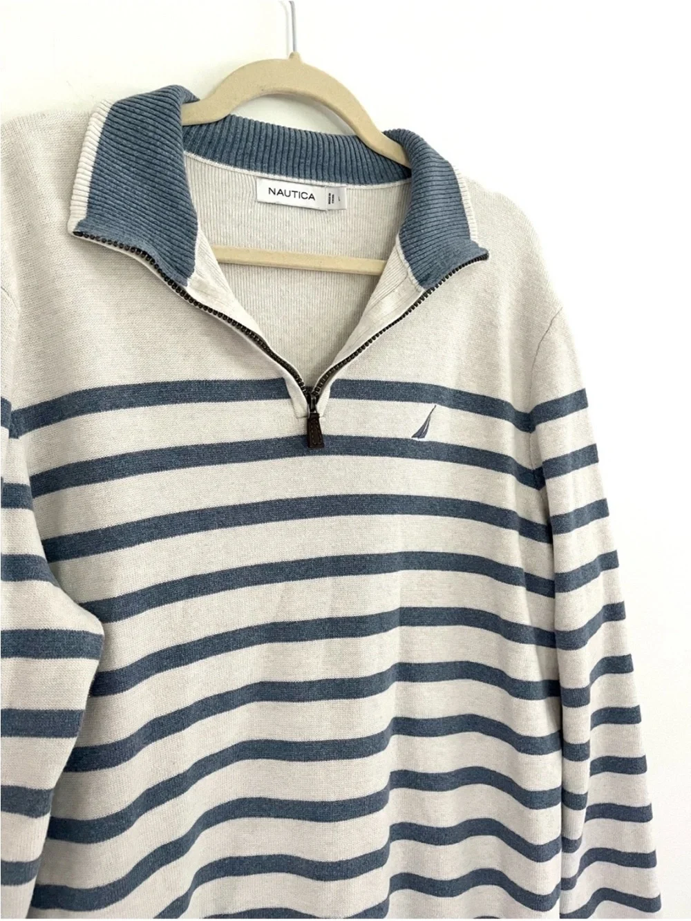 Nautica Men’s Blue Grey Striped Nautical 1/4 Zip Pullover Sweater Coastal Preppy